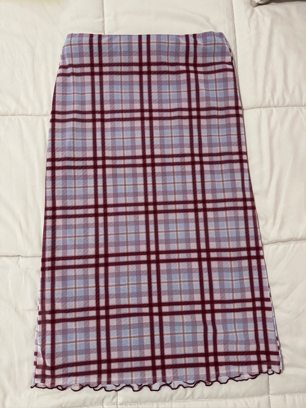 Forever 21 Lavender/light blue and tan Plaid Midi Skirt with Burgundy Grid